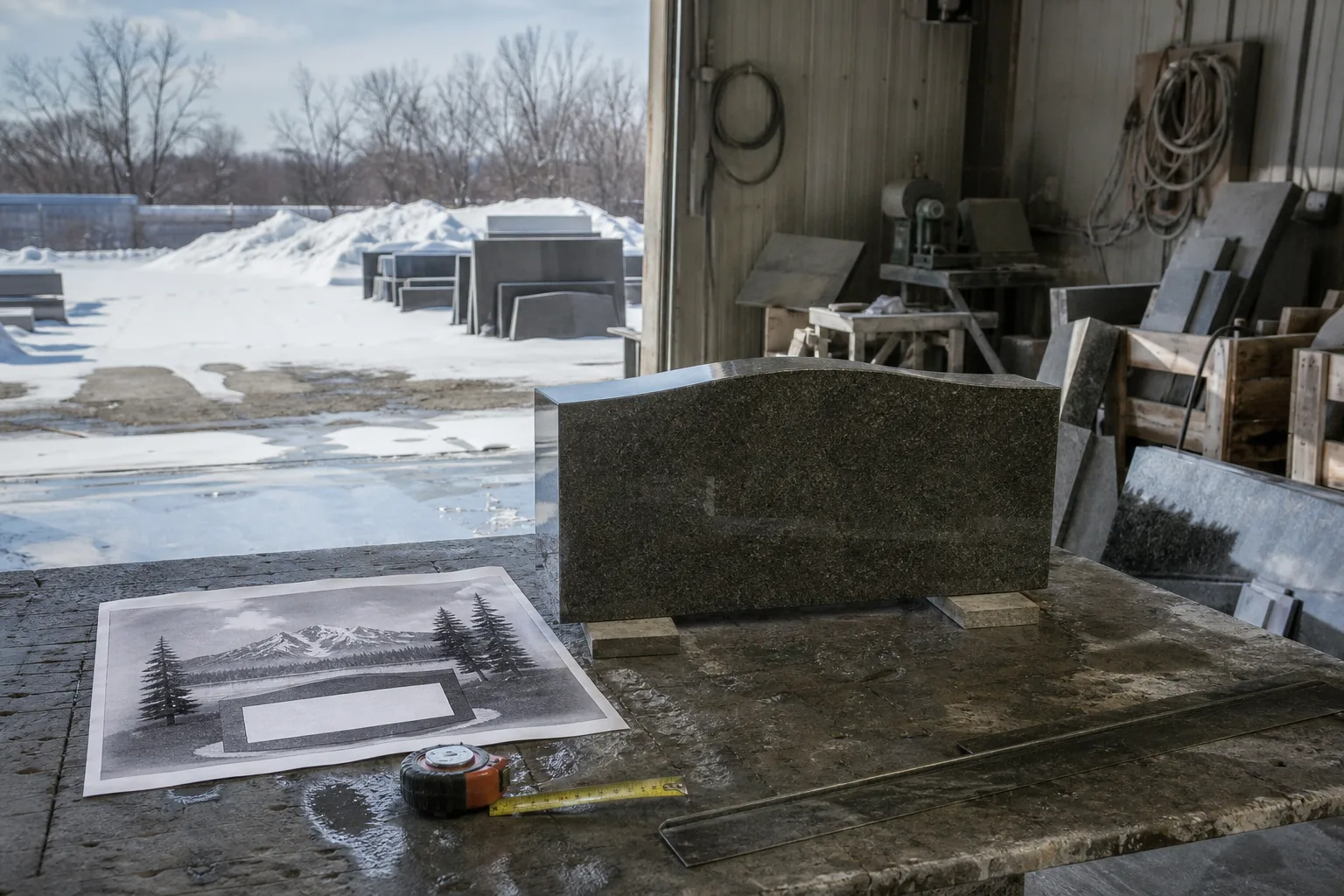 A granite monument dealer's workshop bench in winter with a printed memorial layout proof, a tape measure, and an unfinished polished granite marker slab