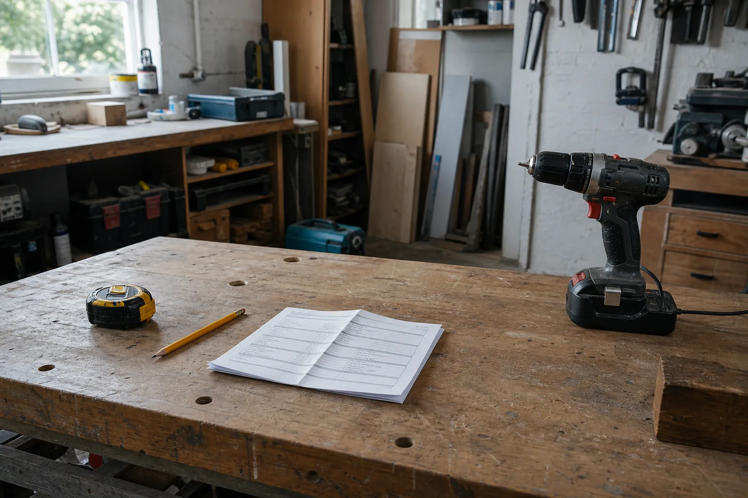 A workbench in a small shop with a pencil, a tape measure, a folded quote sheet and a cordless drill sitting on its charger