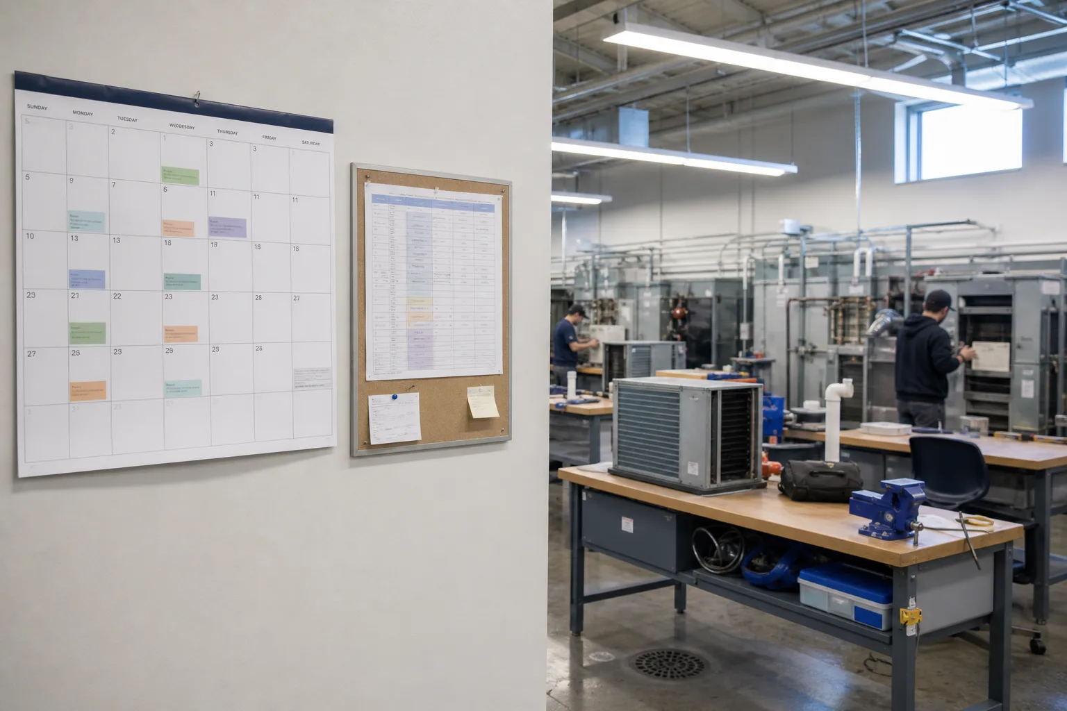 A community college trade program classroom with a wall-mounted academic calendar, an instructor's schedule pinned beside it, and workbenches with HVAC train...