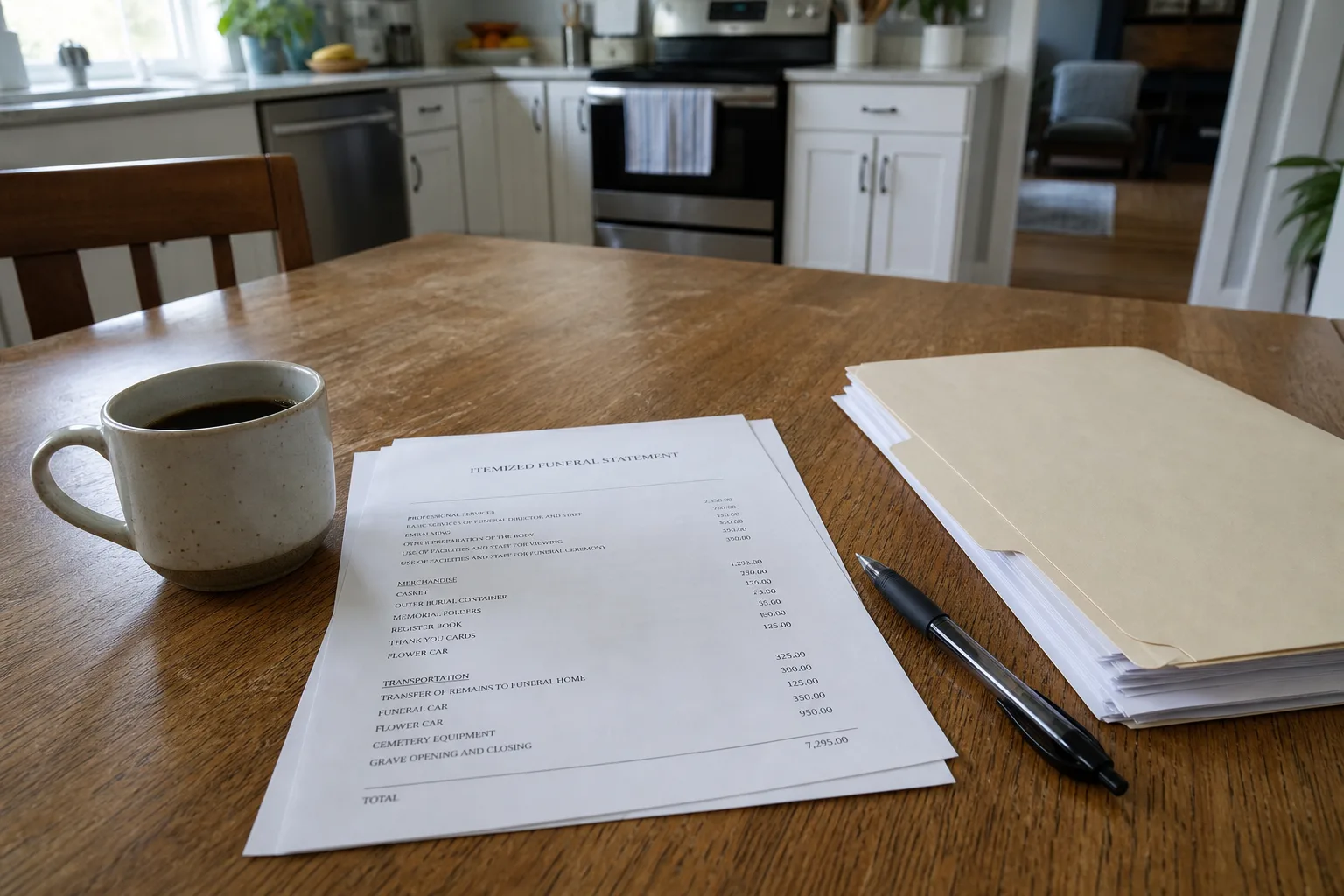 An itemized funeral statement on a kitchen table beside a coffee cup, a pen, and a manila folder of documents