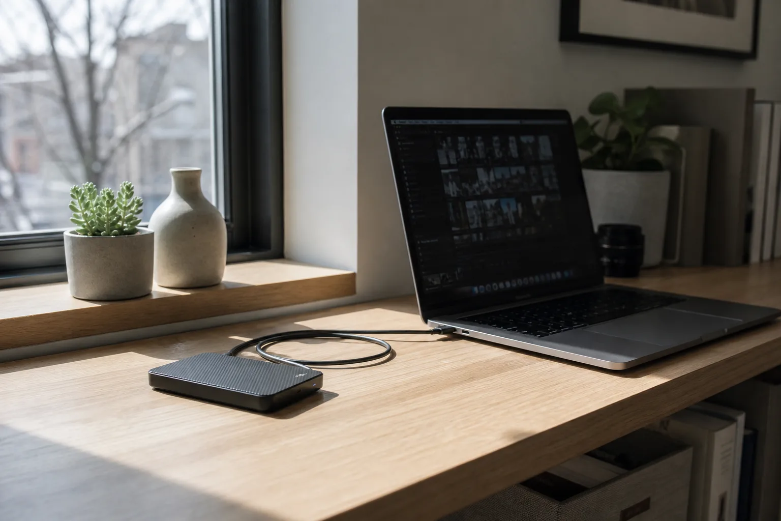 An external hard drive resting on a wooden shelf beside an open laptop, its cable coiled loosely, window light across the desk