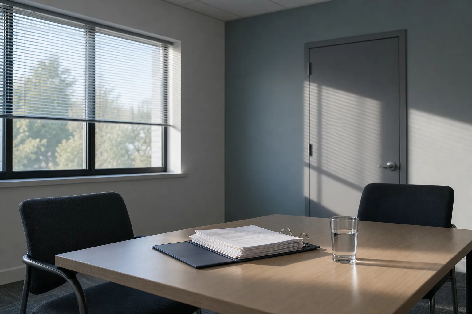 A plain meeting room with two chairs and a table holding a ring binder of documents and a glass of water, blinds half open