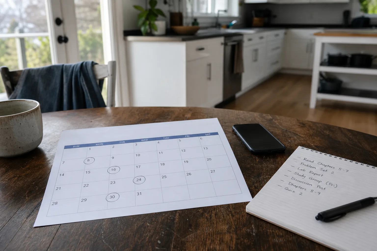 A printed academic calendar page on a kitchen table with several dates circled in pen, a phone beside it, and a handwritten list on a notepad
