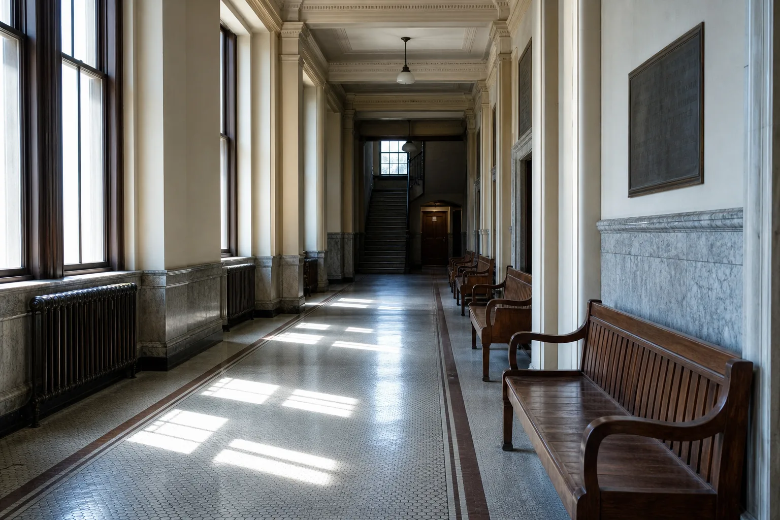 An empty county courthouse corridor with wooden benches along one wall and tall windows throwing light across a tiled floor