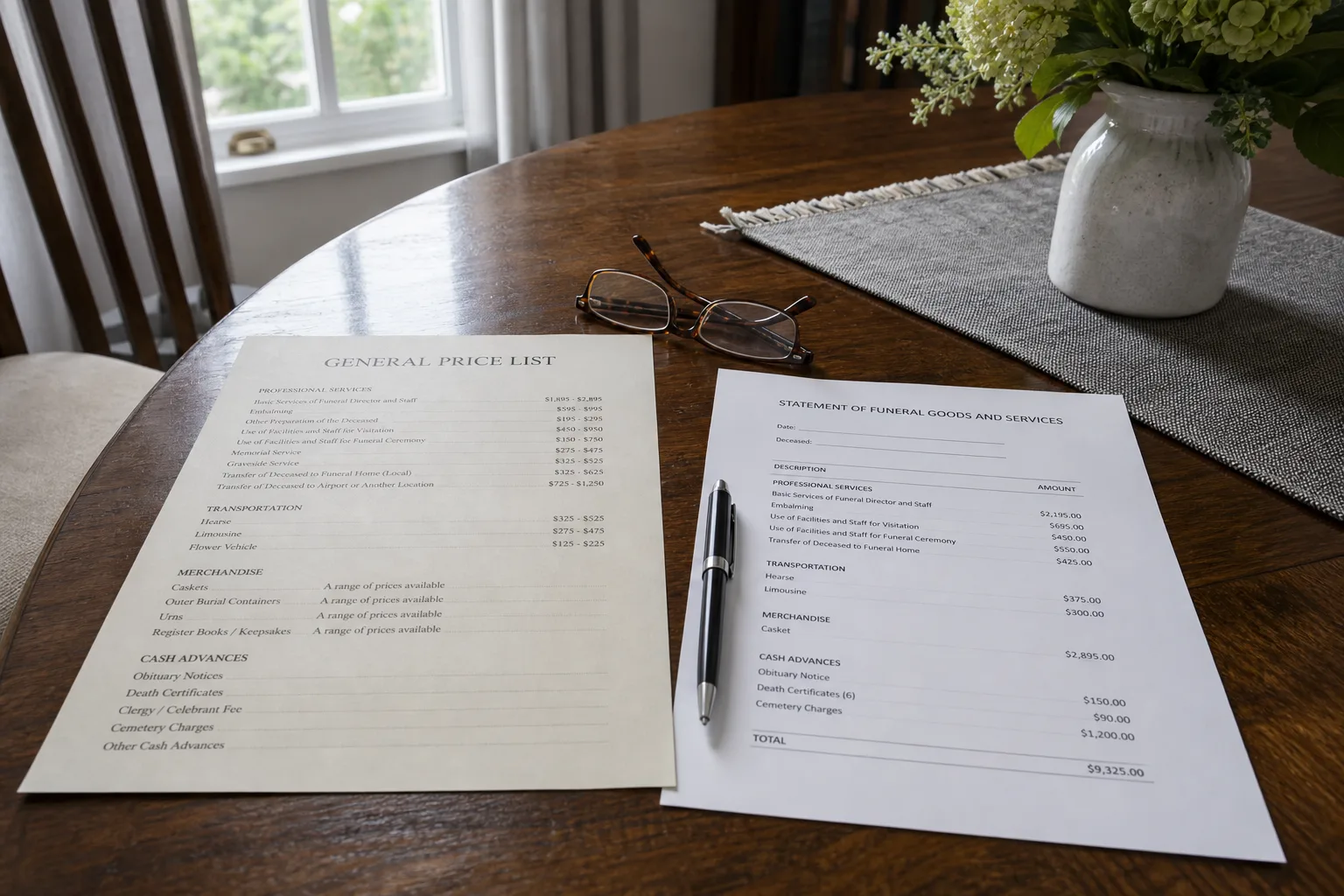 A general price list and an itemized funeral goods and services statement lying side by side on a dining table, with a pen and a folded pair of reading glasses