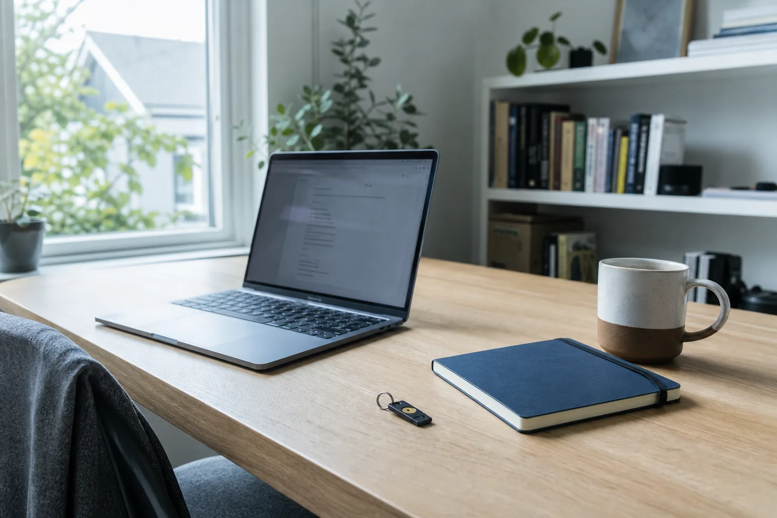 A home desk with an open laptop, a small hardware security key on a keyring and a closed paper notebook beside a mug