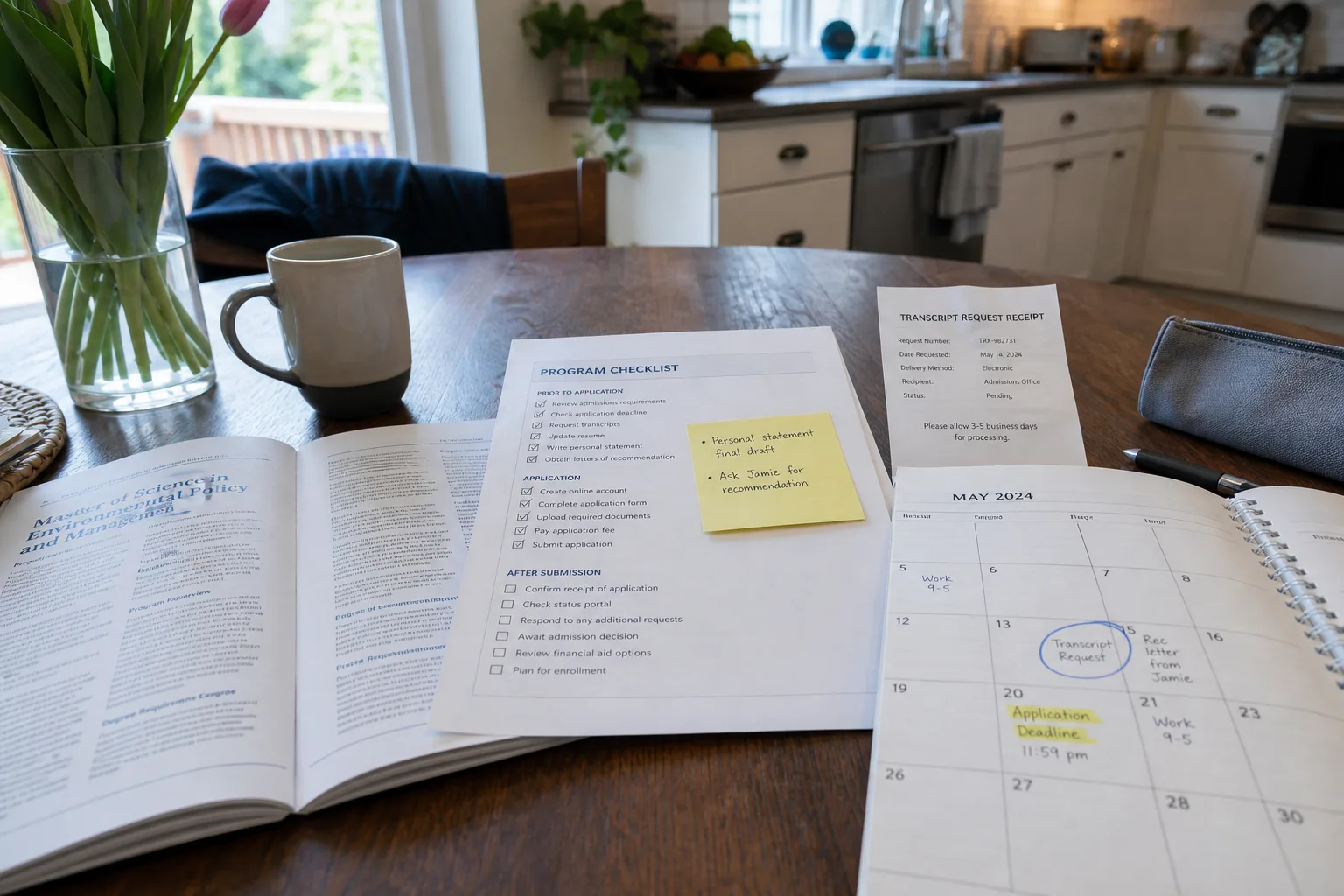 A printed academic catalog page and a program checklist spread on a kitchen table, with a highlighted deadline line, a transcript request receipt, and a cale...