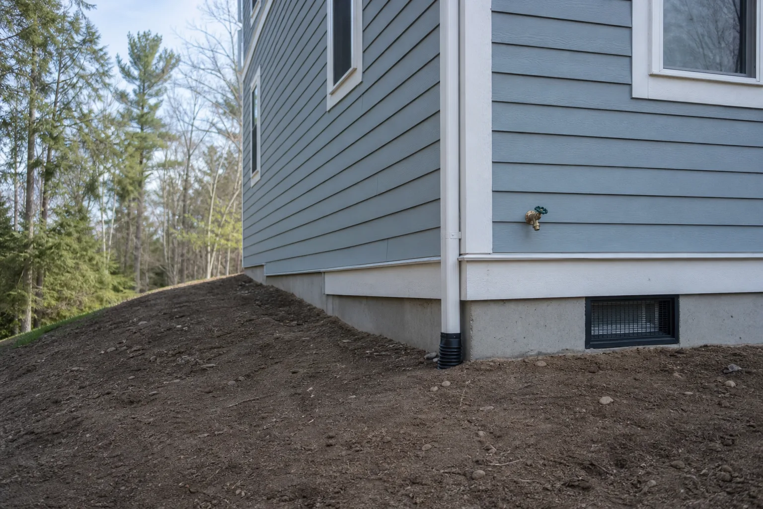 The exterior corner of a two-story house showing a downspout, a hose bib and a crawlspace vent, with bare soil sloping away from the foundation