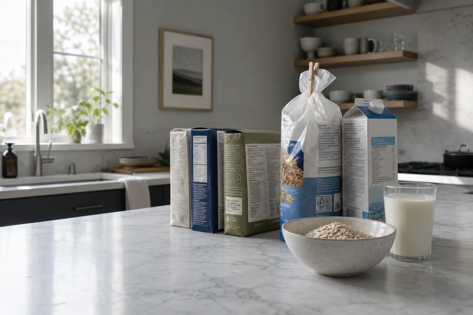 A kitchen counter with several packaged grocery items turned to show their side panels, next to a bowl of loose oats and a glass of milk