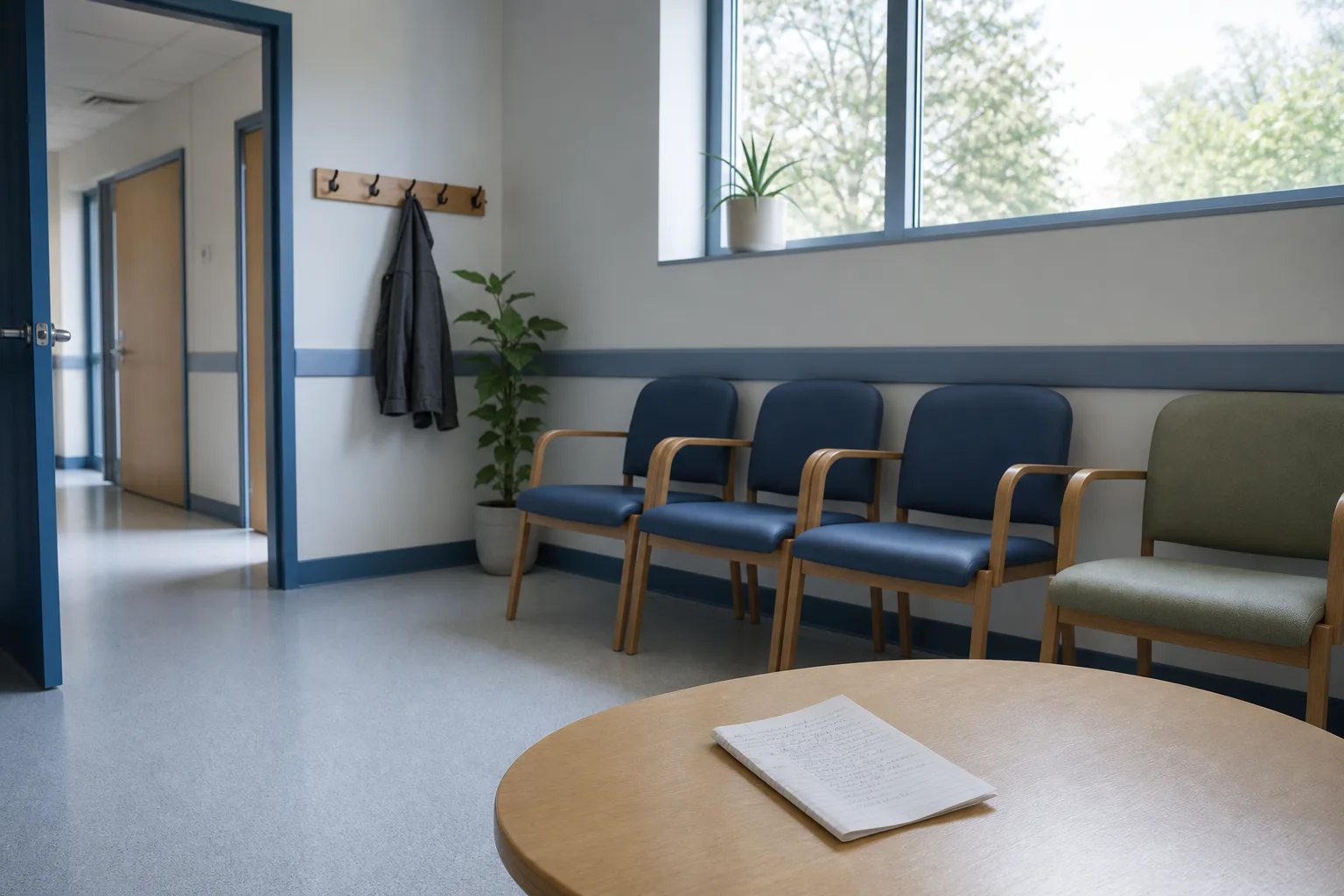 A clinic waiting room with empty chairs along a wall, a low table with a folded sheet of handwritten notes on it, daylight through a high window