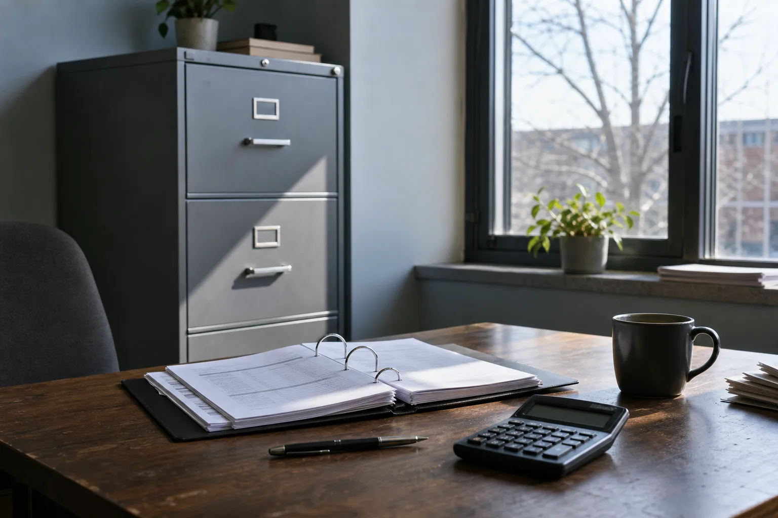A small office desk with an open ring binder, a calculator, a coffee cup and a metal filing cabinet behind it in afternoon light