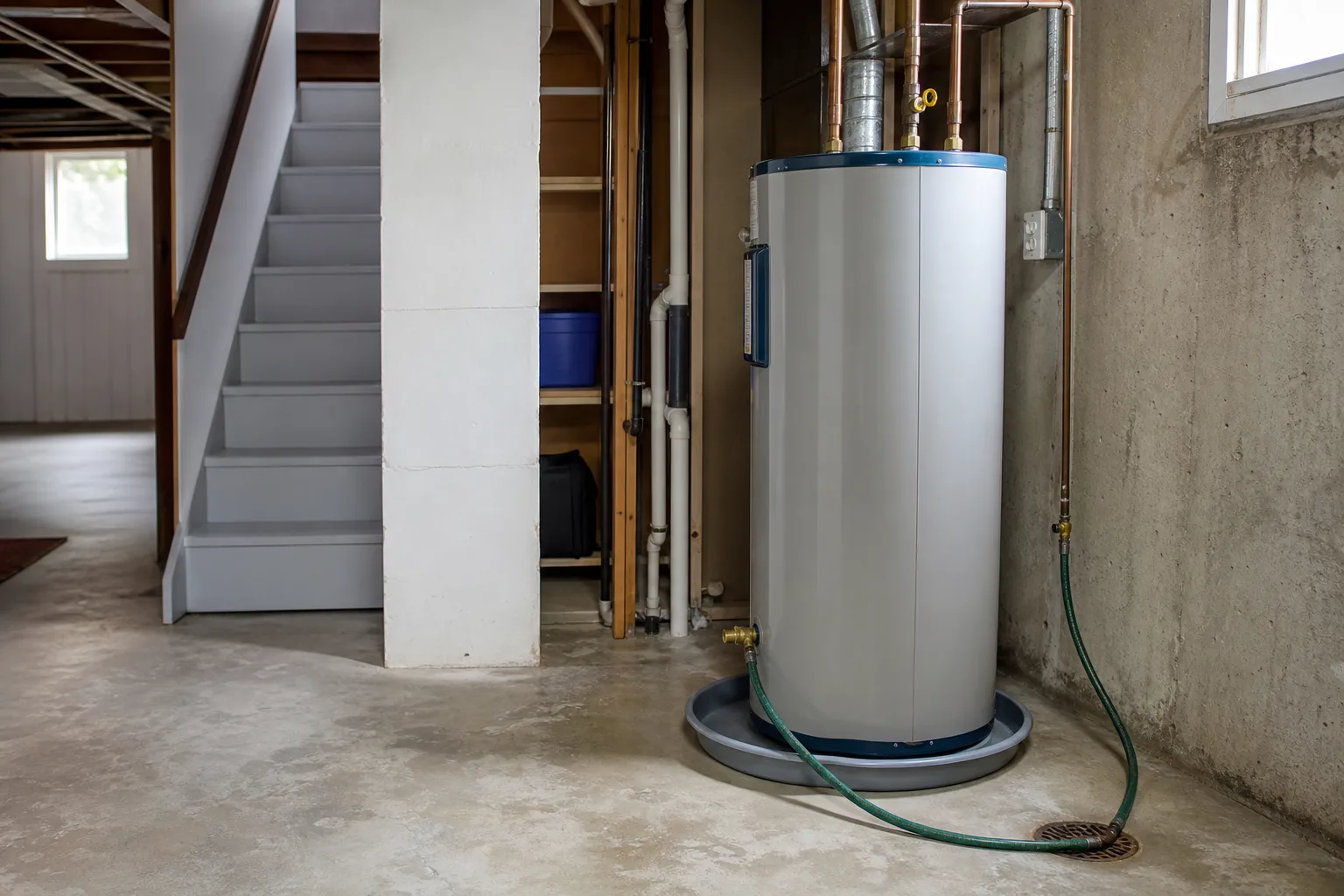 A utility room with a tank water heater, a drain hose attached to its valve and a shallow pan underneath, pipework visible above