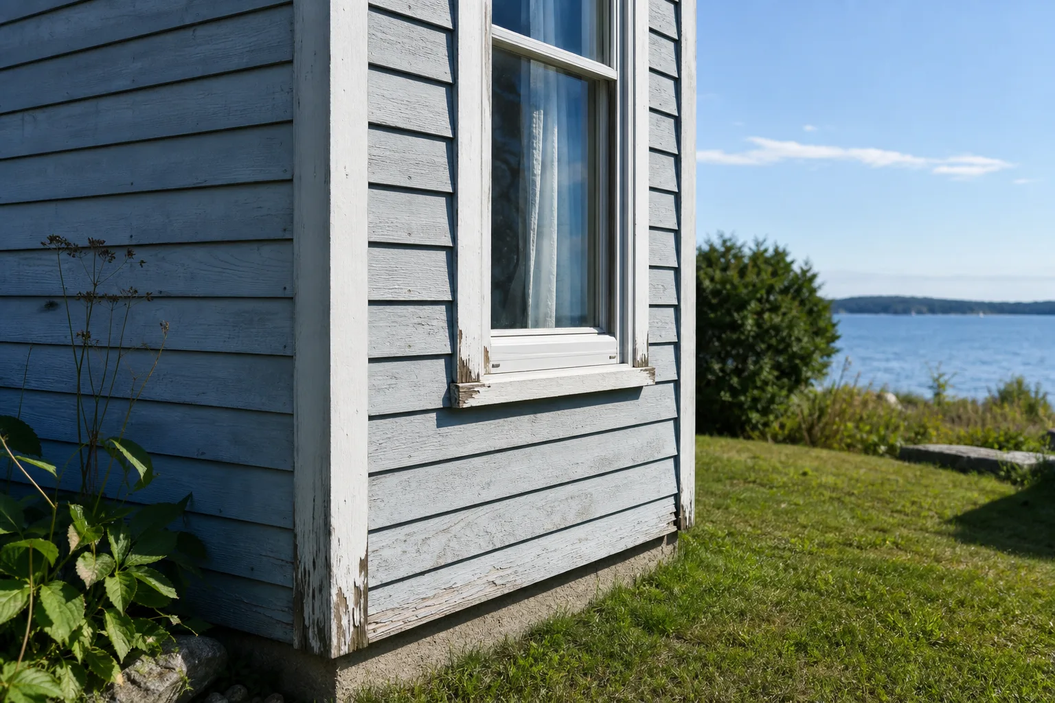 The sunlit corner of a wood-sided house showing weathered clapboards and a window with peeling trim at the lower corners