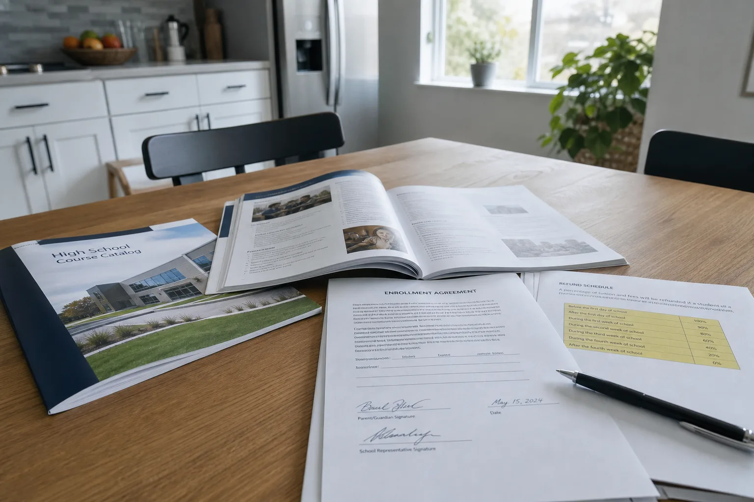 Two school course catalogs and a signed enrollment agreement spread open on a kitchen table, with a pen and a highlighted refund schedule page visible