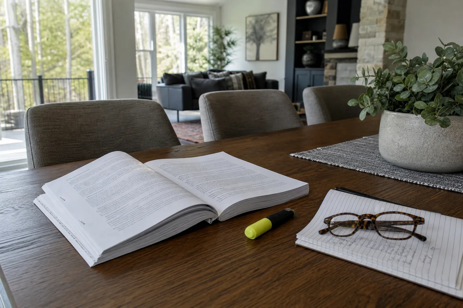 A dining table with a thick stapled insurance policy open beside a highlighter, a notepad and a pair of reading glasses