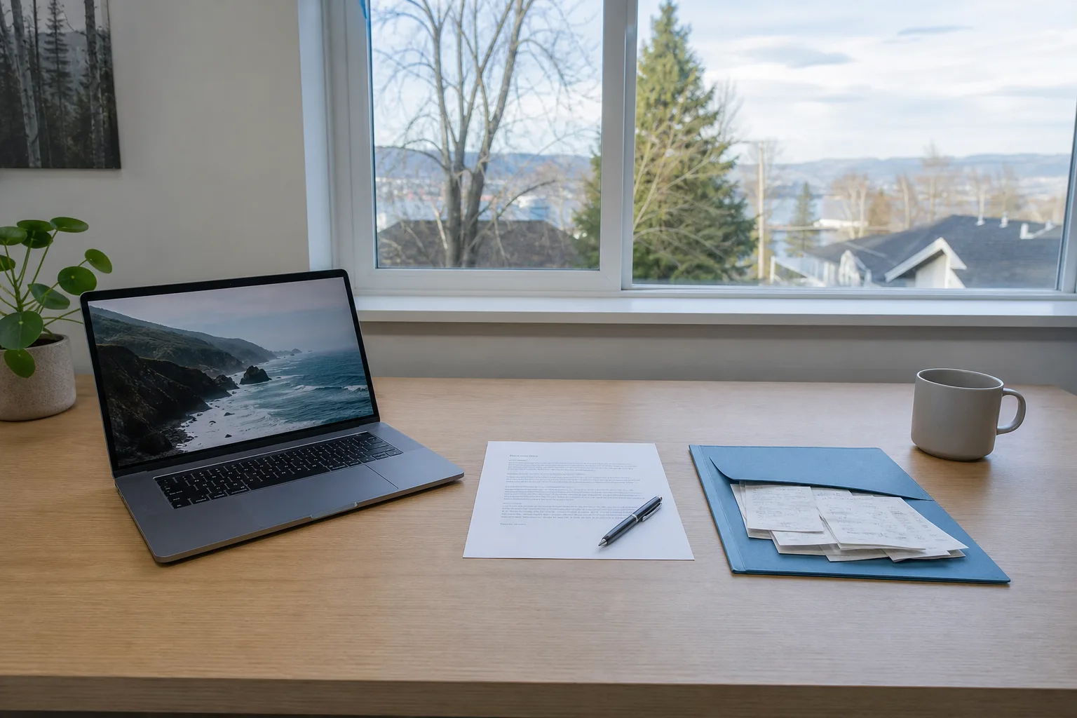 A desk with an open laptop, a printed letter, a pen and a folder of receipts arranged in a neat row under cool daylight