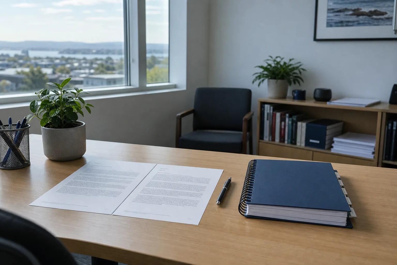 A small office desk with a two-page letter and a thick spiral-bound handbook side by side, a pen resting between them