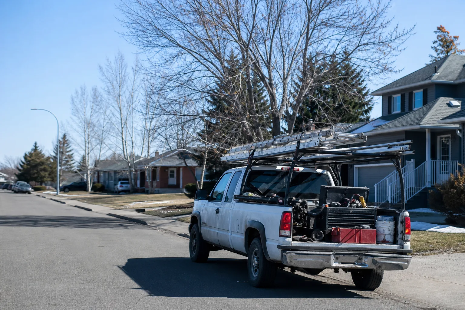 A pickup truck with a ladder rack parked on a residential street at midday, tools visible in the open bed