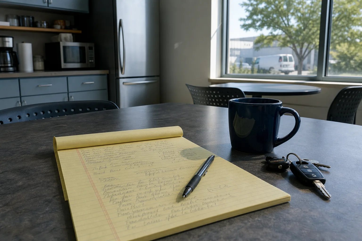 A break room table with a legal pad covered in handwritten notes, a coffee mug and a set of van keys beside it, morning light through a window