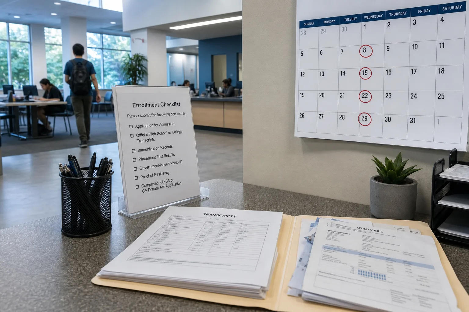 A community college enrollment counter with a printed checklist of required documents, a folder of transcripts and utility bills, and a wall calendar showing...