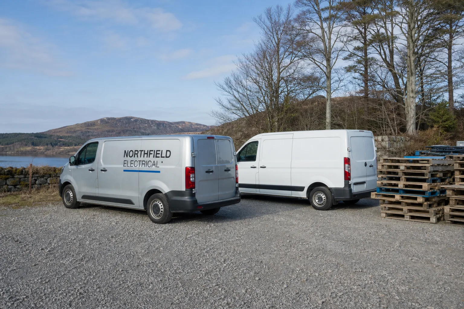Two work vans parked side by side in a gravel yard, one lettered plainly and one plain white, with a stack of pallets nearby