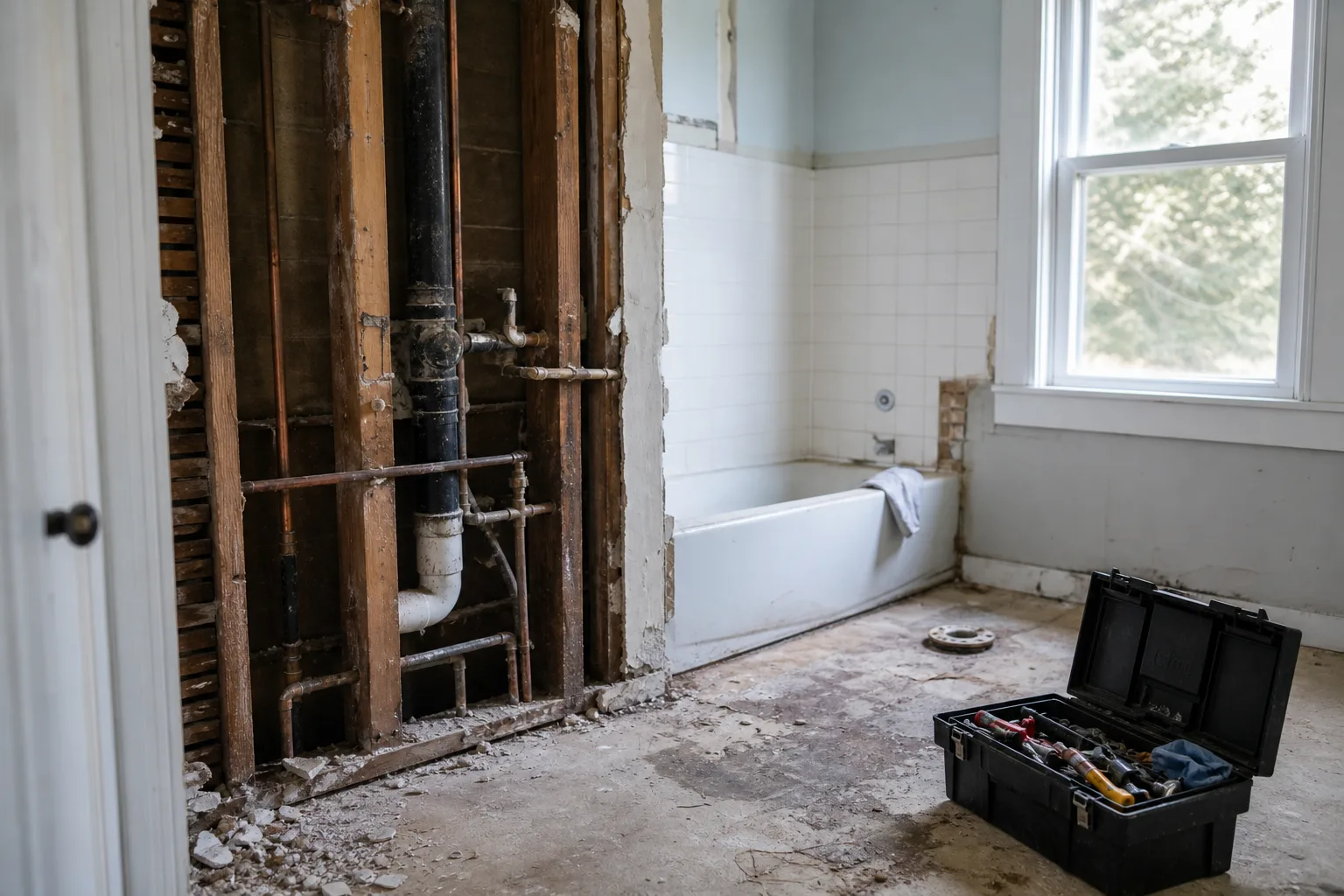 A partly demolished bathroom with old plumbing exposed in the wall cavity and a toolbox open on the bare floor