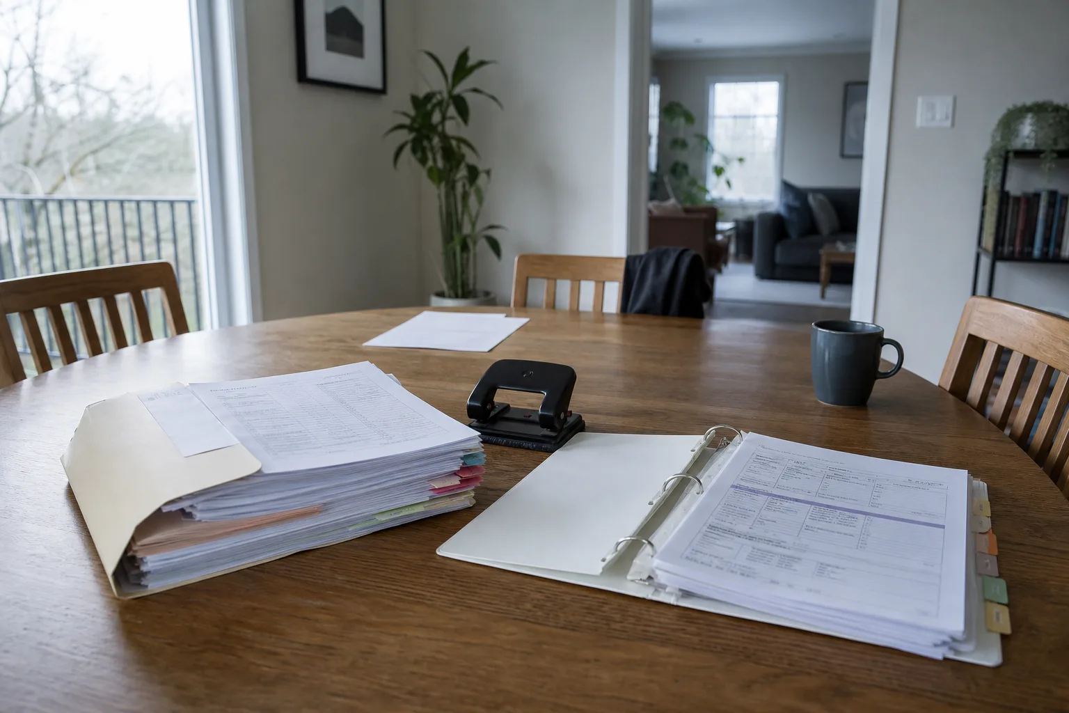 A dining table with a thick stack of printed clinical records in a manila folder, a hole punch and a ring binder open beside them