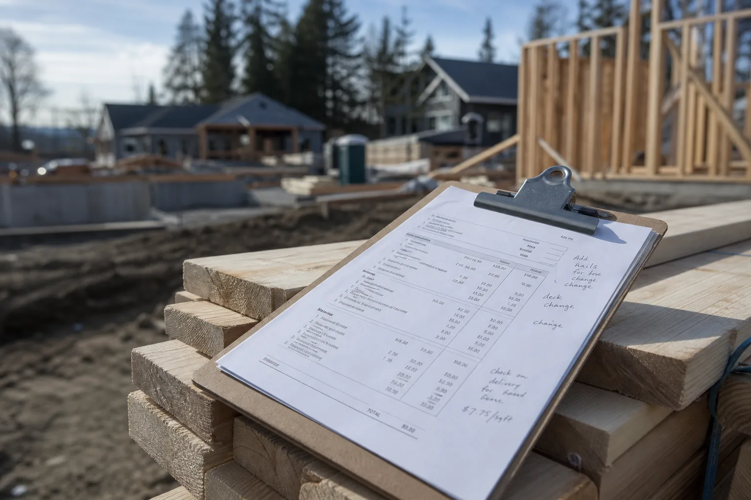 A clipboard resting on a stack of lumber on a job site, holding a printed estimate with handwritten notes in the margin