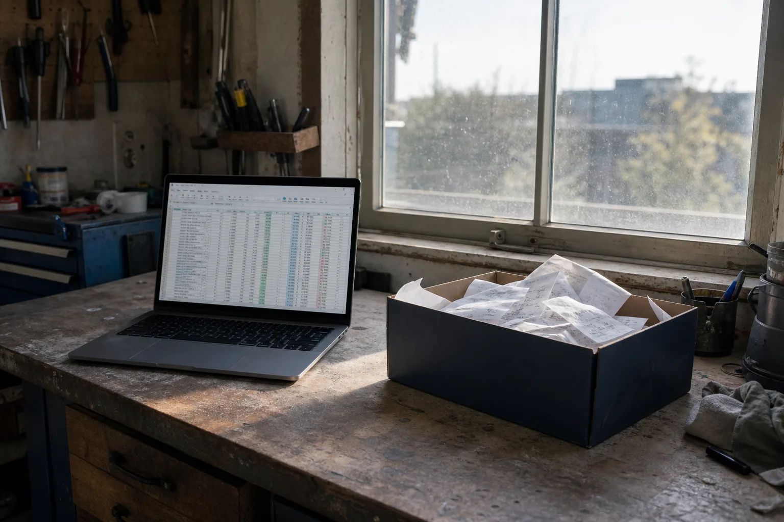A workshop counter with an open laptop showing a spreadsheet, a shoebox of paper receipts beside it and a dusty window behind