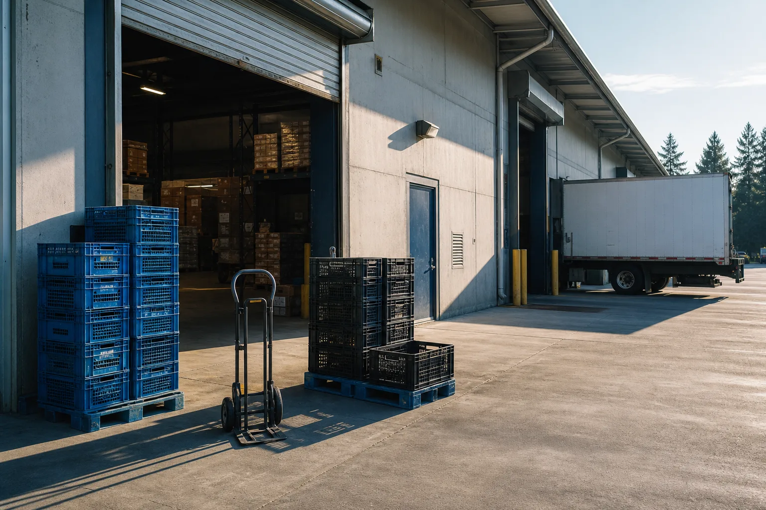 A loading dock on a bright morning with stacked crates, a hand truck and an open roller door, long shadows across the concrete