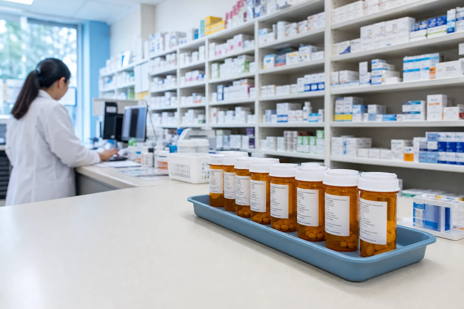 A pharmacy counter with a row of amber prescription bottles on a tray and shelves of stock boxes behind it
