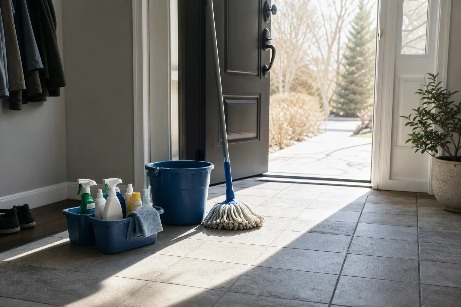 A tiled entryway with a bucket, a mop and a caddy of cleaning bottles set down by the door, sunlight across the floor