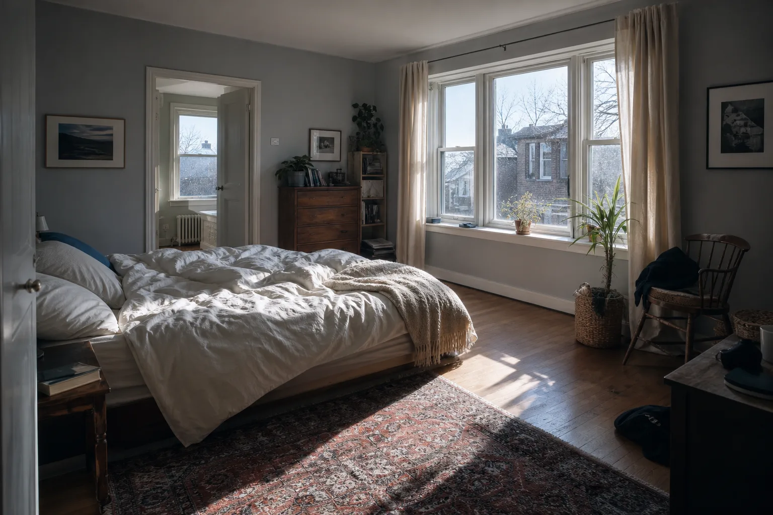 A bedroom in early morning with curtains partly open, an unmade bed and daylight falling across the floor
