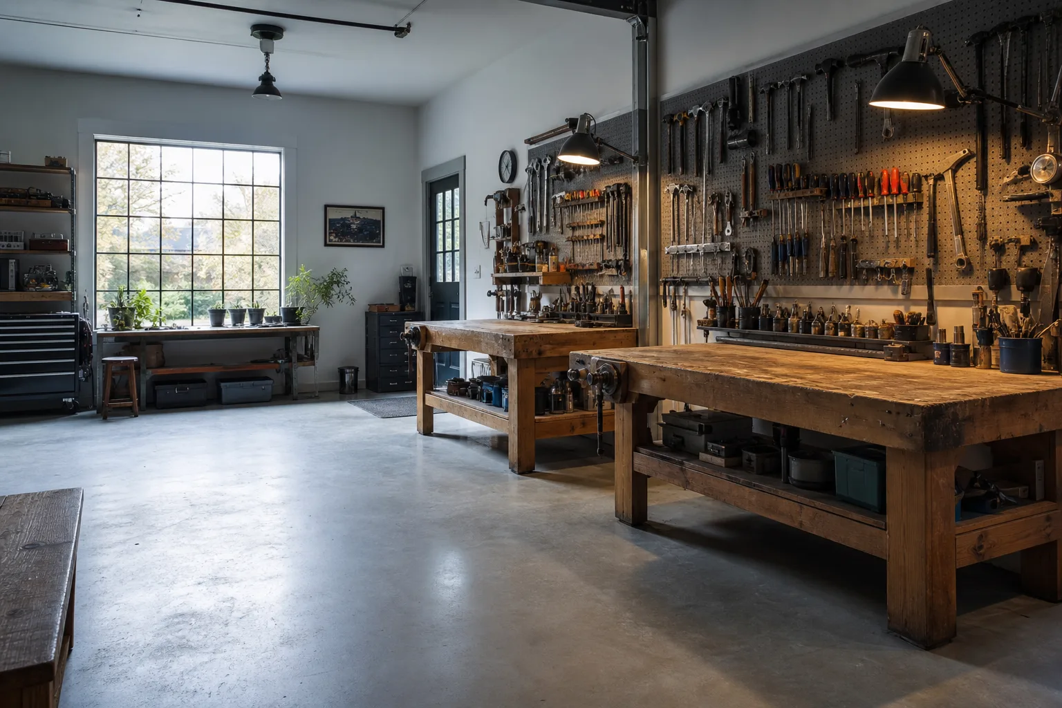 A small workshop at the end of the day with two empty workbenches, tools hung on a pegboard wall and a swept concrete floor