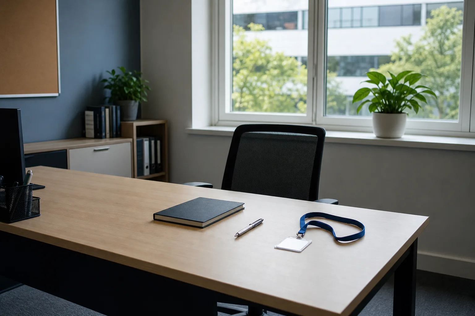 An empty desk in a small office with a notebook, a pen and a lanyard laid out ready, a plant on the windowsill behind