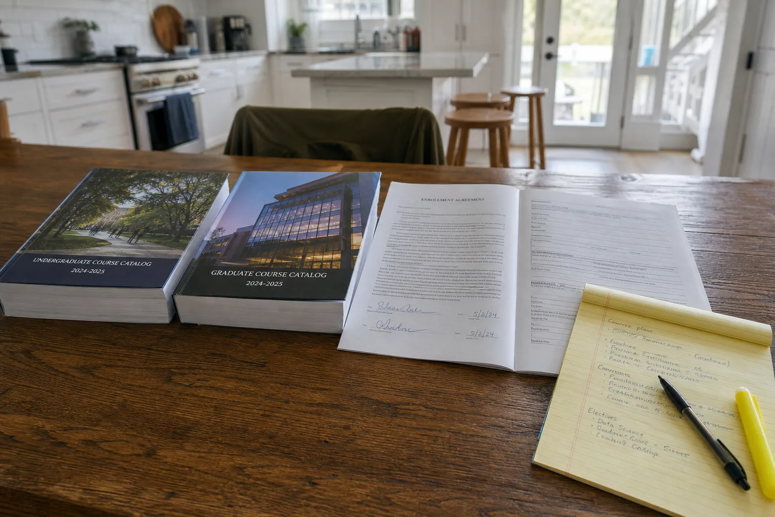 Two thick school course catalogs and a signed enrollment agreement spread open side by side on a kitchen table, with a highlighter and handwritten notes on a...