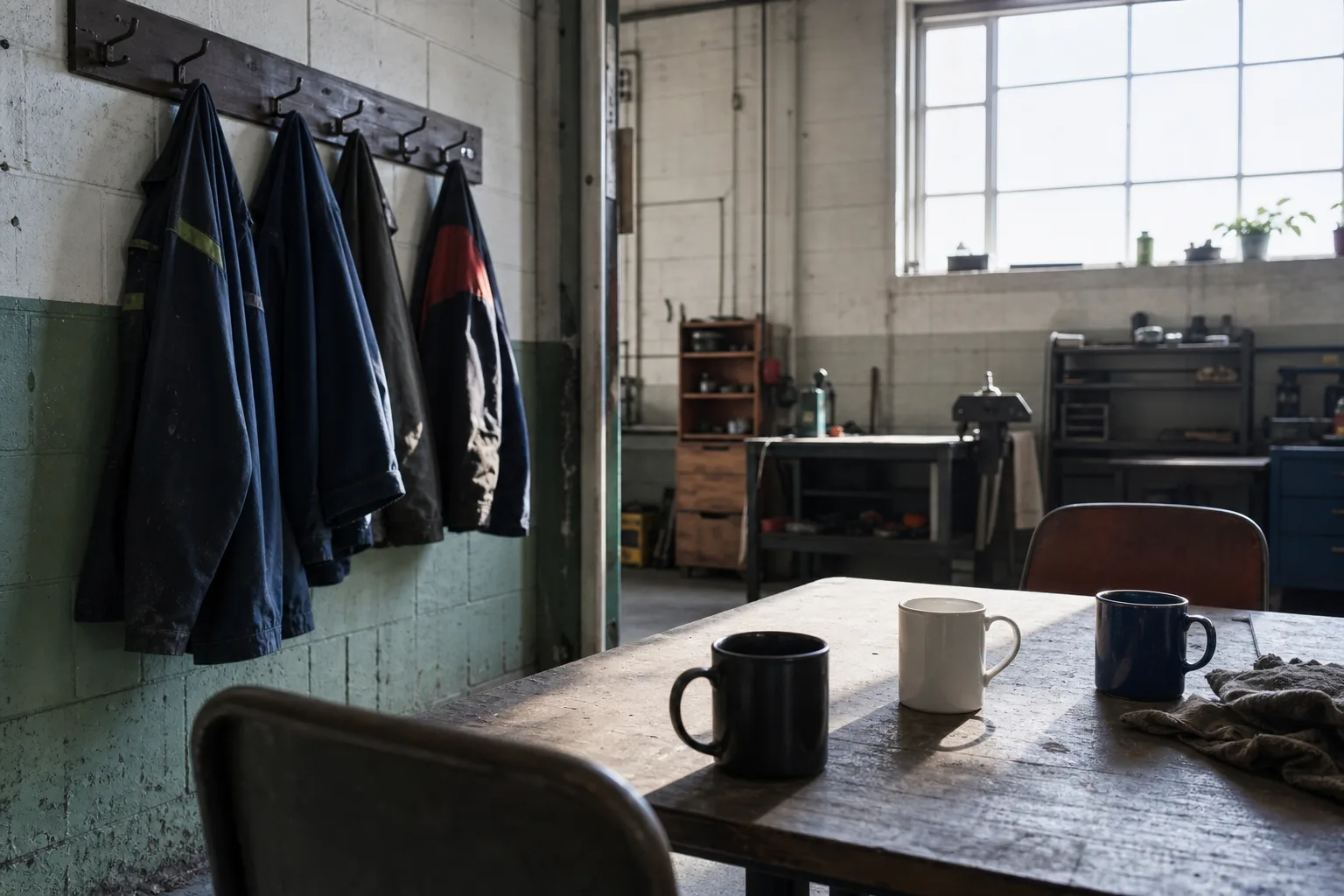 A workshop break area with three mugs on a table, work jackets on wall hooks and morning light through a high window