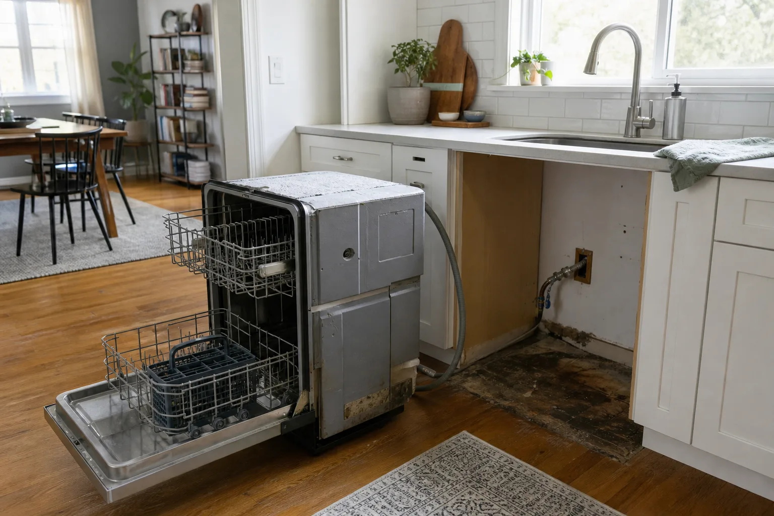 A kitchen with the dishwasher pulled out from its cabinet opening, exposing a dark stained subfloor and the water connection behind it
