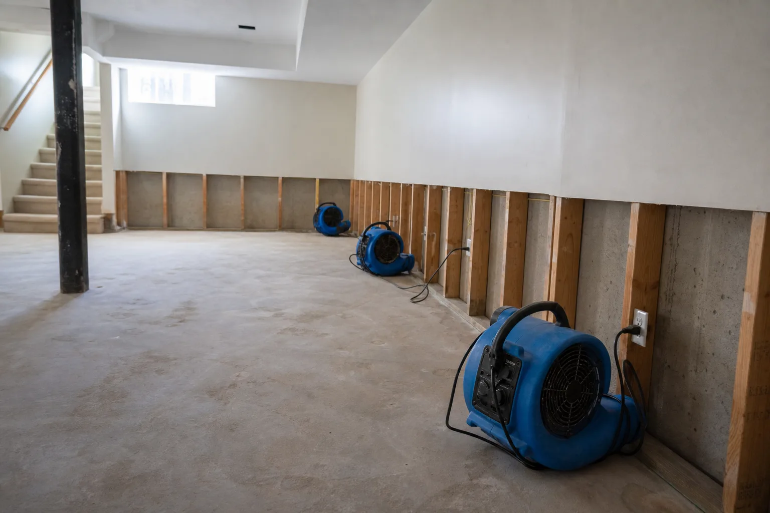 A stripped basement room with drywall cut away two feet above the floor, exposed studs, and several air movers pointed along the wall
