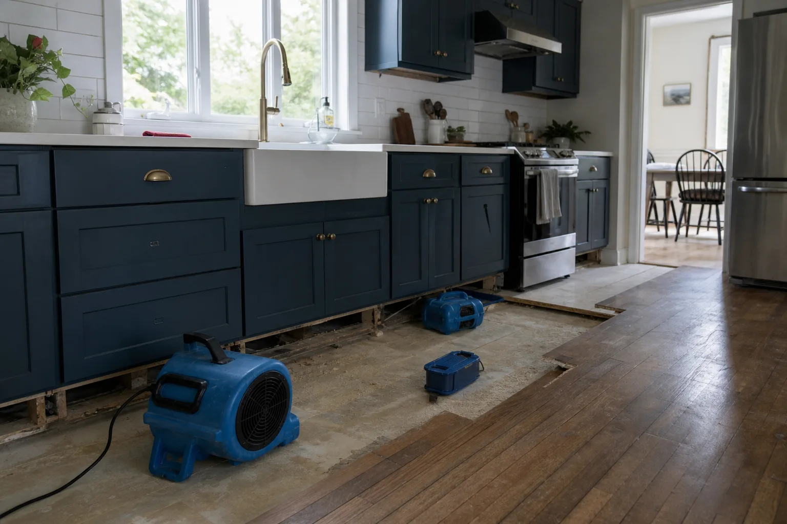 A kitchen with the toe kicks removed from the lower cabinets and a section of floor lifted, drying equipment set on the exposed subfloor