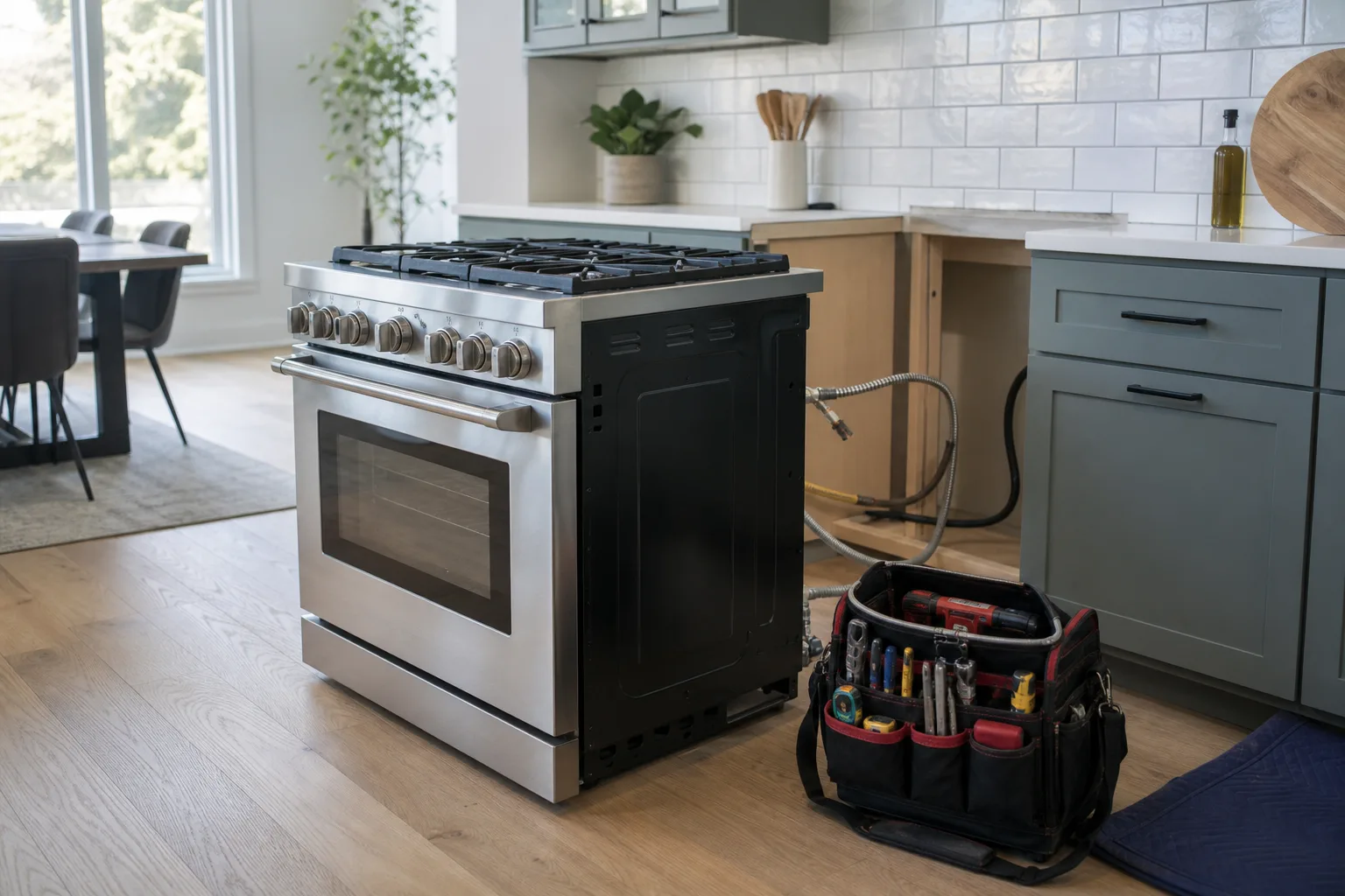 A kitchen range pulled forward from its cabinet run with a service technician's toolbag open on the floor beside it