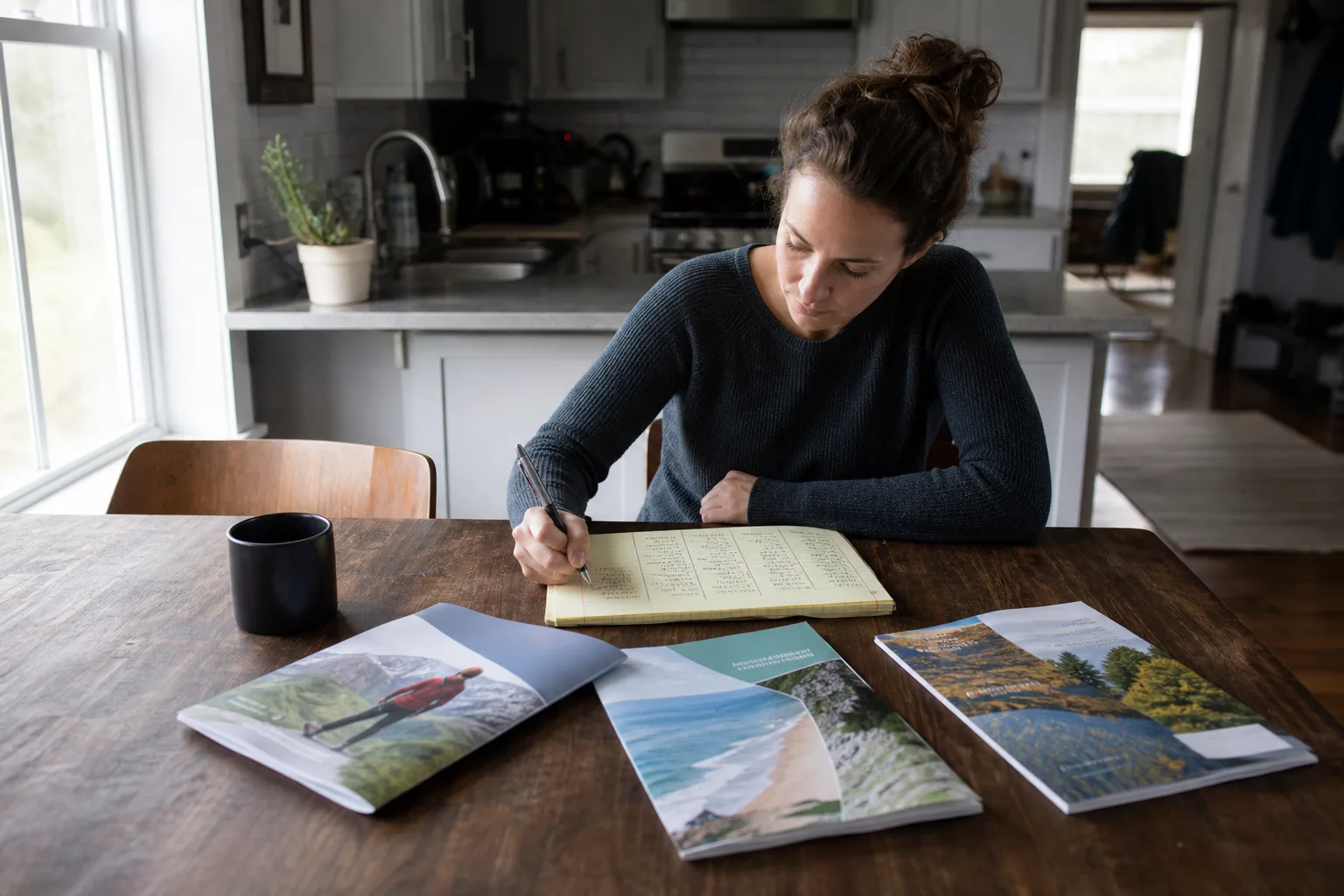 A person at a kitchen table with three program brochures spread out and a handwritten comparison chart on a legal pad, pen in hand