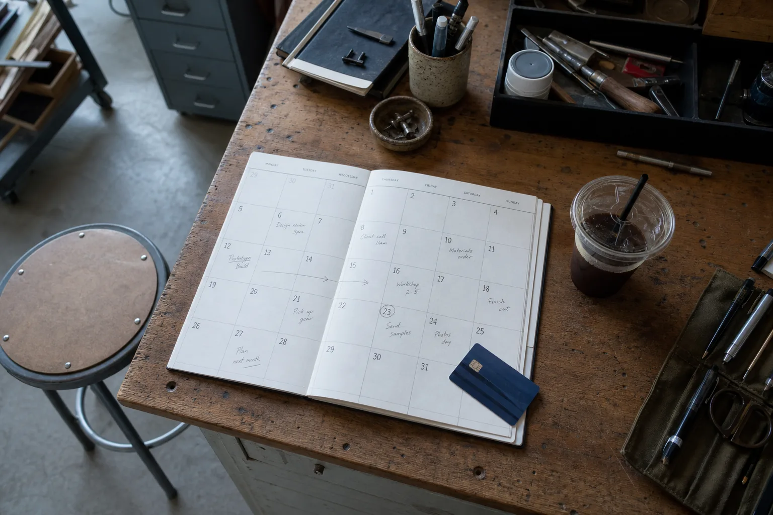 An overhead view of a workshop desk with a paper planner open to a month grid, hand-annotated in pencil, a bank card and a cold cup of coffee