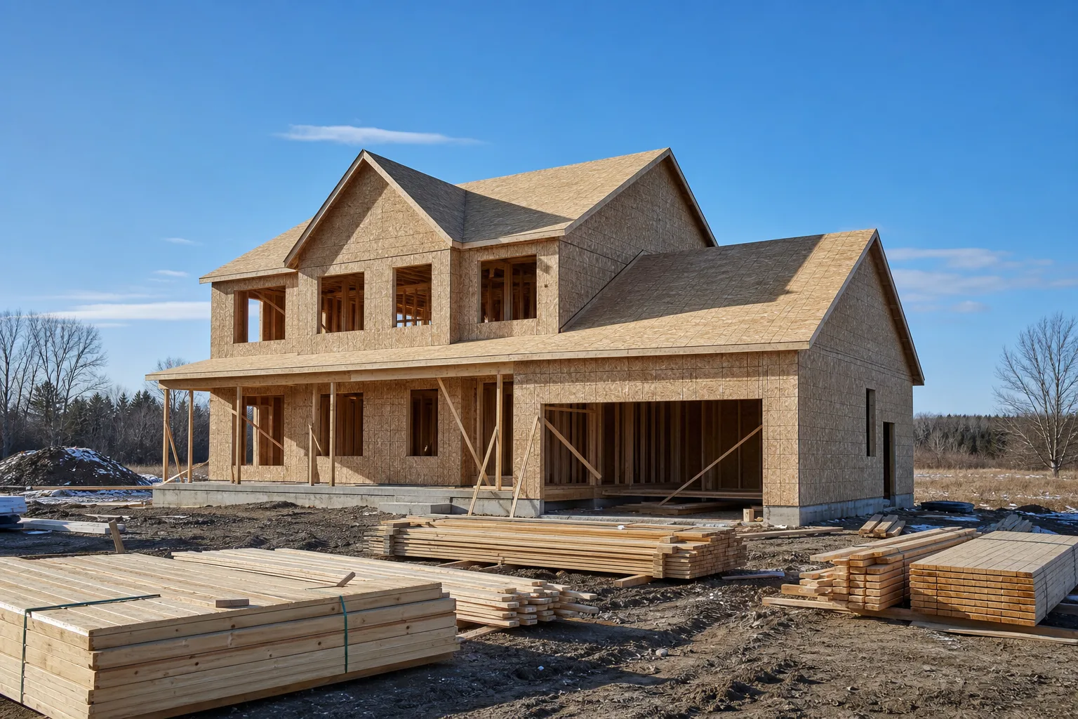 A two-story house under construction with framing complete and roof sheathing on, lumber stacked in the yard under a clear sky