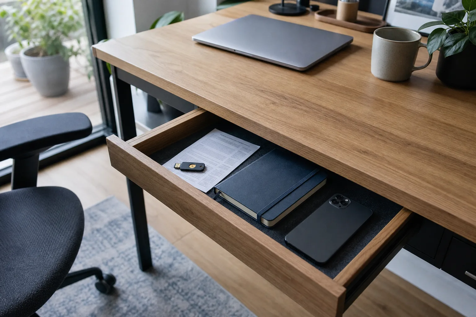 A desk drawer open to show a small hardware security key, a folded printed sheet and a spare phone lying beside a notebook