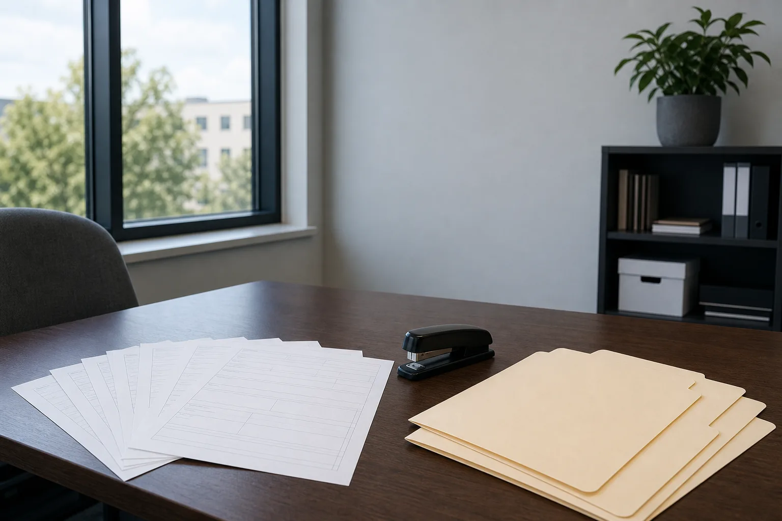 A small office desk with several blank forms fanned out beside a stapler and a set of empty file folders