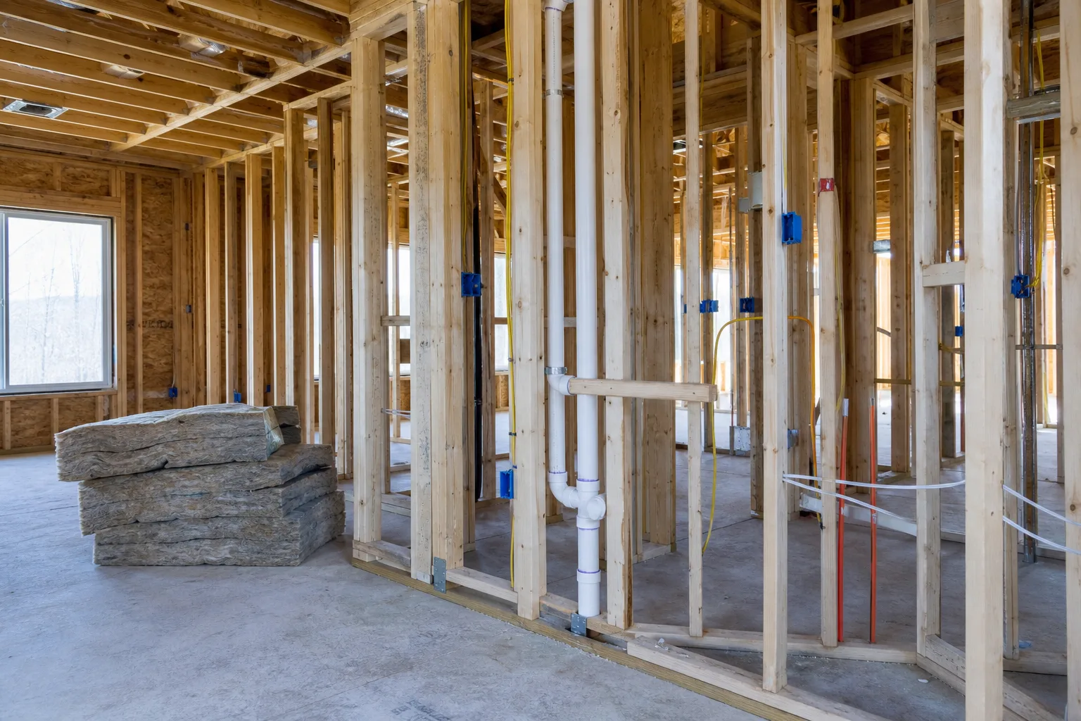 An open stud wall in a house under construction with new plumbing and electrical runs visible, insulation stacked on the floor nearby