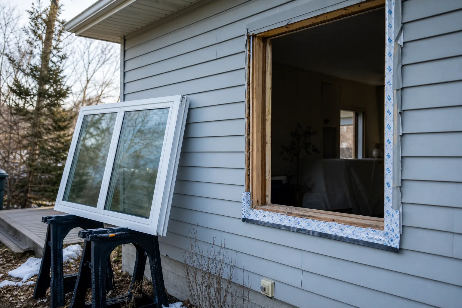 A residential window opening stripped to the rough framing, with a new double-pane window unit resting on sawhorses beside it and flashing tape partially app...