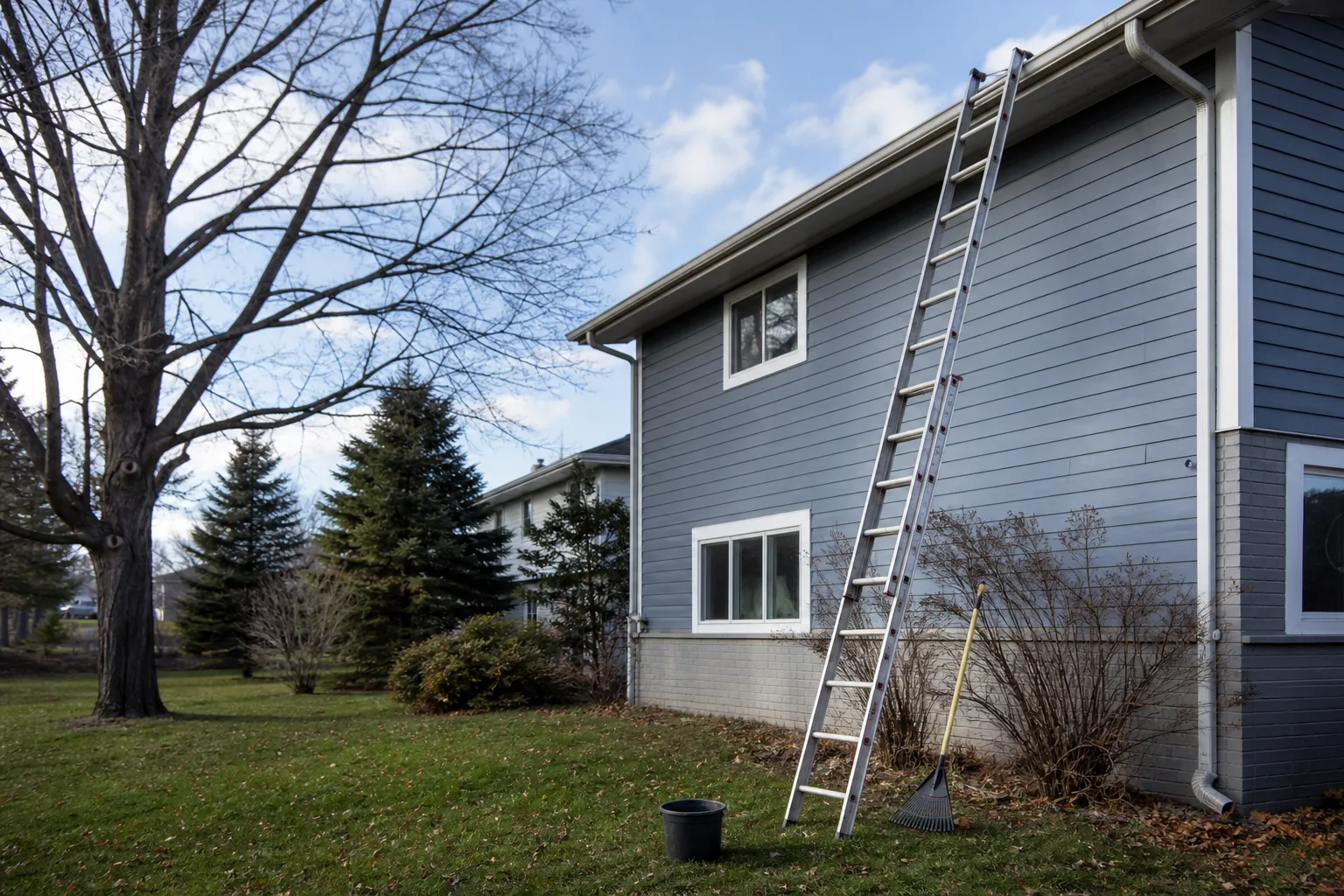 An extension ladder leaning against the eaves of a two-story house beside a gutter, with a rake and a bucket on the grass below