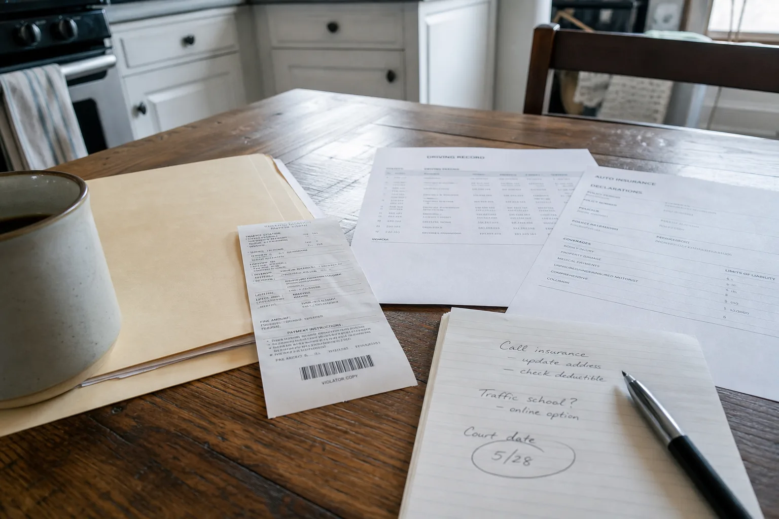 A printed traffic citation on thermal paper lying on a kitchen table beside a manila folder, a printed driving record, an auto insurance declarations page, a...